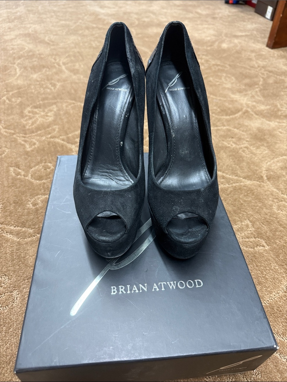 Brian Atwood Black Suede Peep-Toe with snake skin Platform Pumps